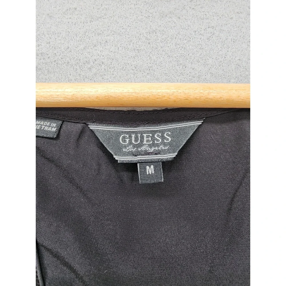 GUESS‎ Los Angeles Black Skull Lace Graphic Top Draped Satin Back Mixed Media M